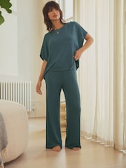 Teal Blue Knitted Short Sleeve Lounge Set - Image 1 of 9