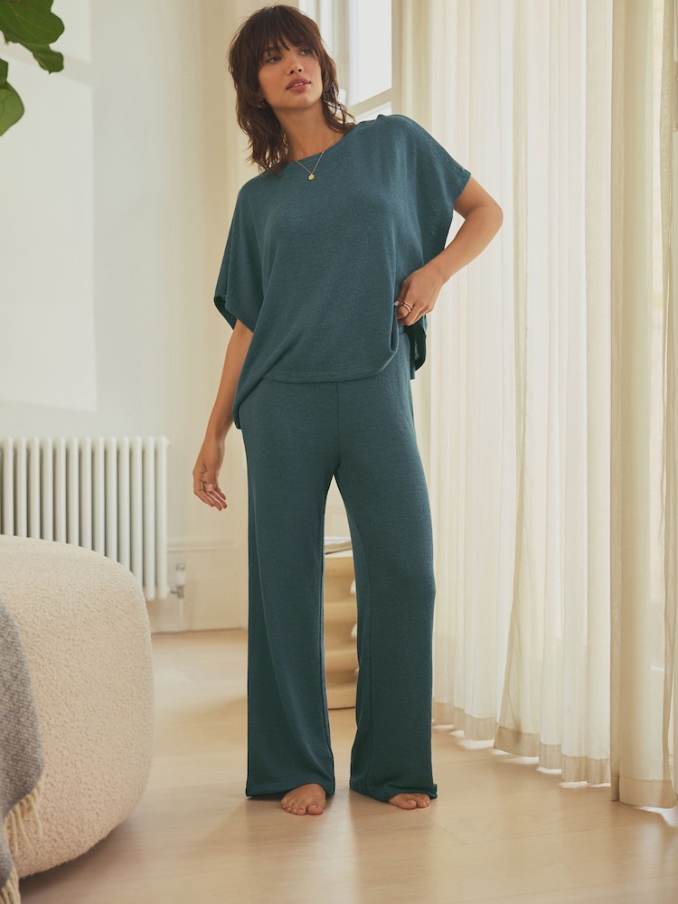 Teal Blue Knitted Short Sleeve Lounge Set - Image 1 of 9