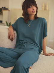 Teal Blue Knitted Short Sleeve Lounge Set - Image 3 of 9