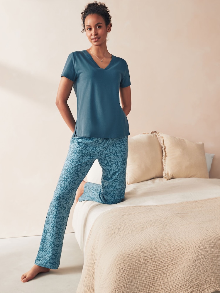 Chambray Blue Geo 100% Cotton Short Sleeve Pyjamas - Image 2 of 10