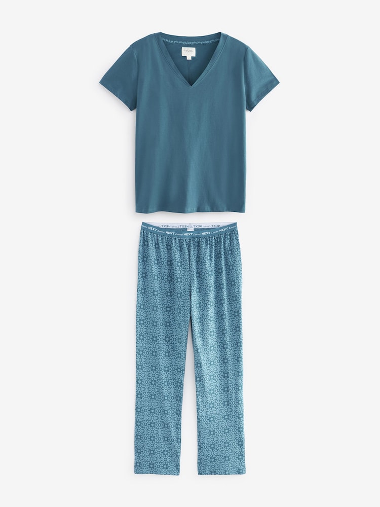 Chambray Blue Geo 100% Cotton Short Sleeve Pyjamas - Image 7 of 10