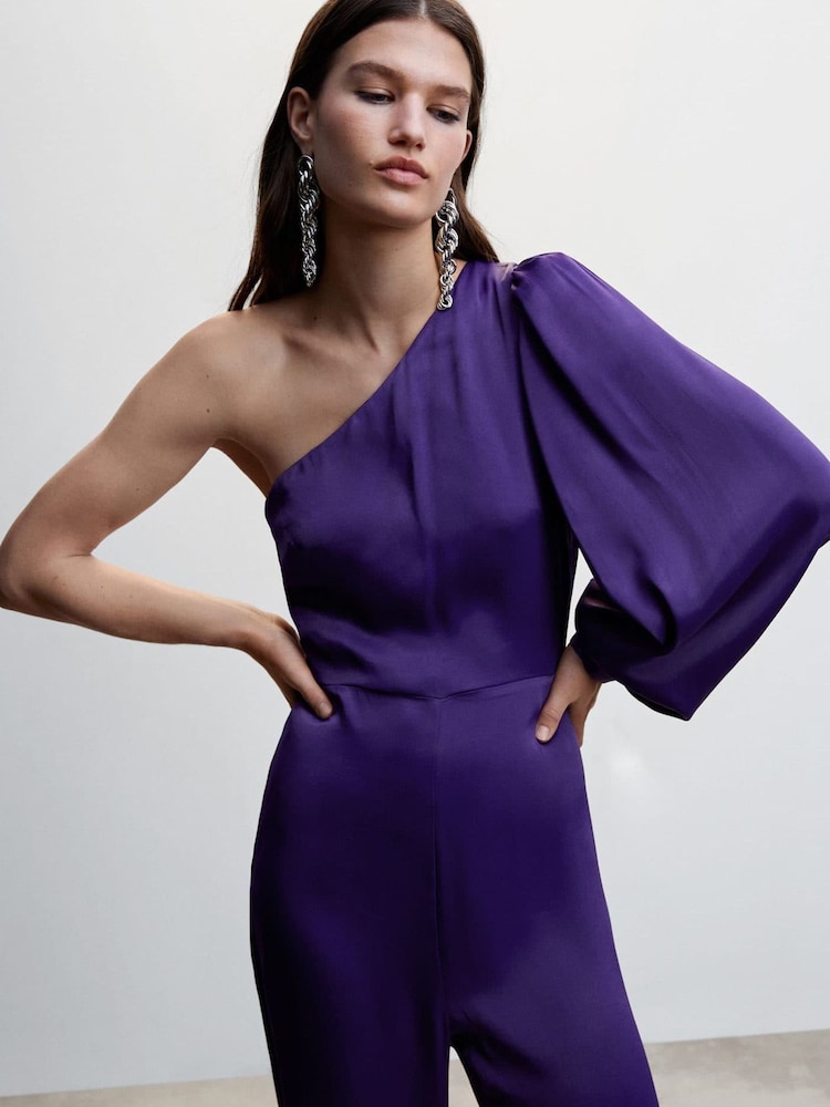 Mango Purple Asymmetrical Satin Jumpsuit - Image 1 of 6 Mango Purple Asymmetrical Satin Jumpsuit - Image 1 of 6