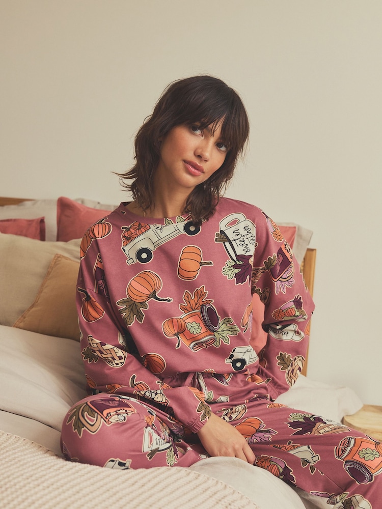 Berry Red Pumpkin Spice Autumn 100% Cotton Long Sleeve Pyjamas - Image 1 of 6