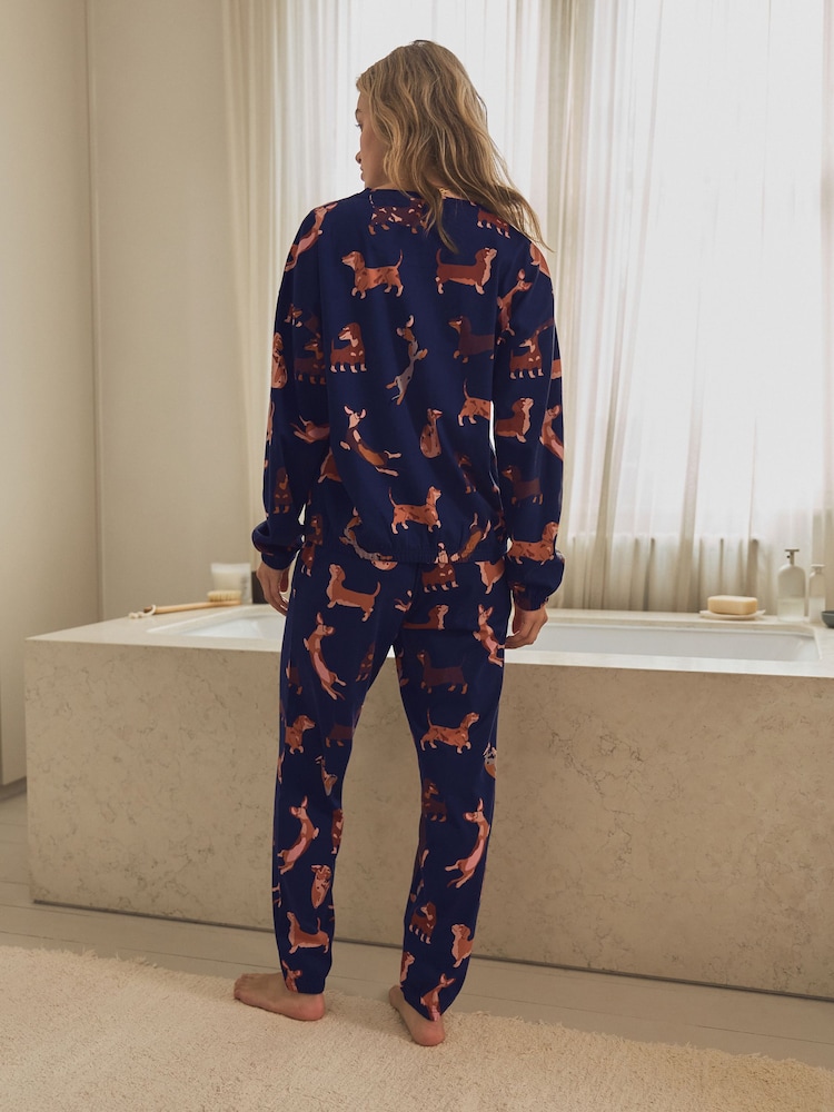 Navy Blue Dachshund 100% Cotton Long Sleeve Pyjamas - Image 3 of 9