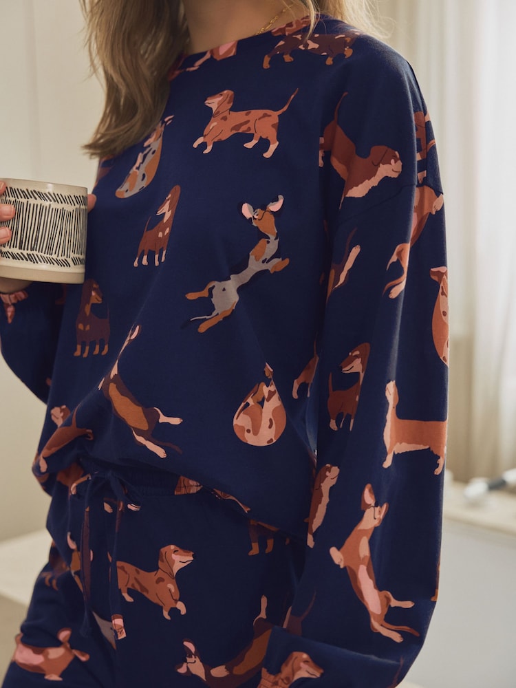 Navy Blue Dachshund 100% Cotton Long Sleeve Pyjamas - Image 4 of 9