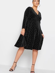 Yours Curve Black London Stud Velvet Wrap Dress - Image 1 of 4