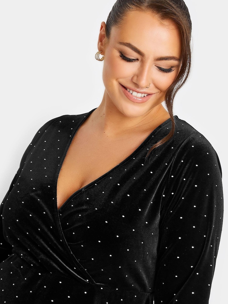 Yours Curve Black London Stud Velvet Wrap Dress - Image 4 of 4