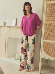 Purple Floral Linen Blend Short Sleeve Pyjamas - Image 2 of 10