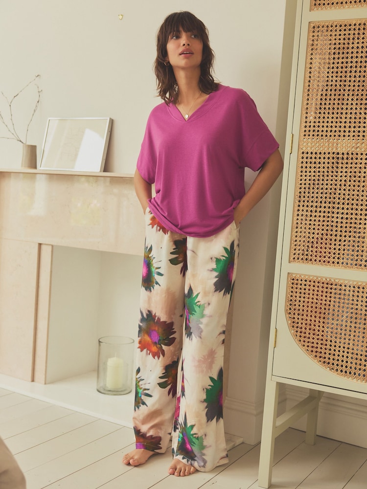 Purple Floral Linen Blend Short Sleeve Pyjamas - Image 2 of 10