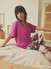Purple Floral Linen Blend Short Sleeve Pyjamas - Image 4 of 10