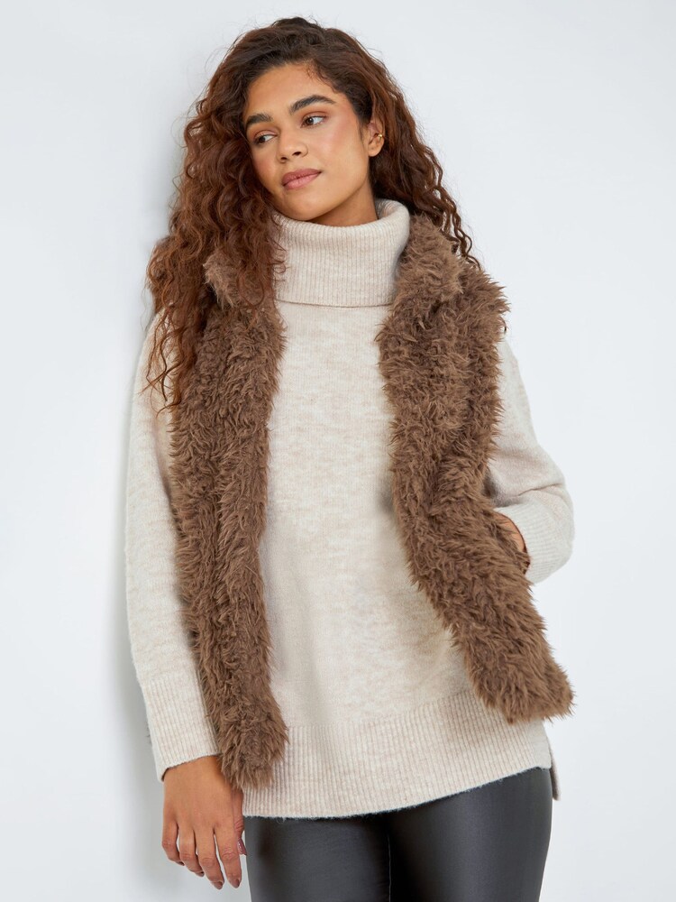 Roman Brown Chrome Faux Fur Fluffy Gilet - Image 1 of 5
