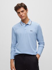 BOSS Light Blue Plisy Collar Detail Long Sleeve Polo Shirt - Image 1 of 5