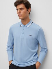 BOSS Light Blue Plisy Collar Detail Long Sleeve Polo Shirt - Image 3 of 5