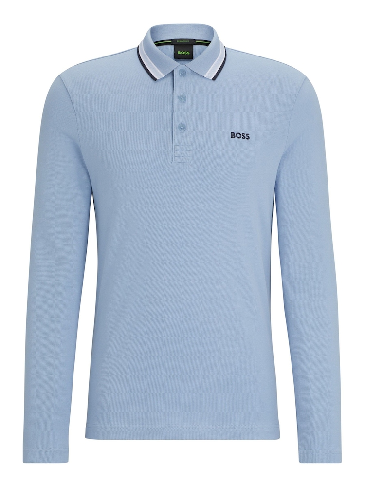 BOSS Light Blue Plisy Collar Detail Long Sleeve Polo Shirt - Image 5 of 5