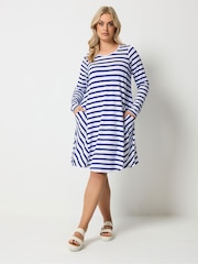 Yours Curve Blue Stripe Drape Pocket Dress - Image 1 of 5