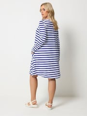 Yours Curve Blue Stripe Drape Pocket Dress - Image 3 of 5