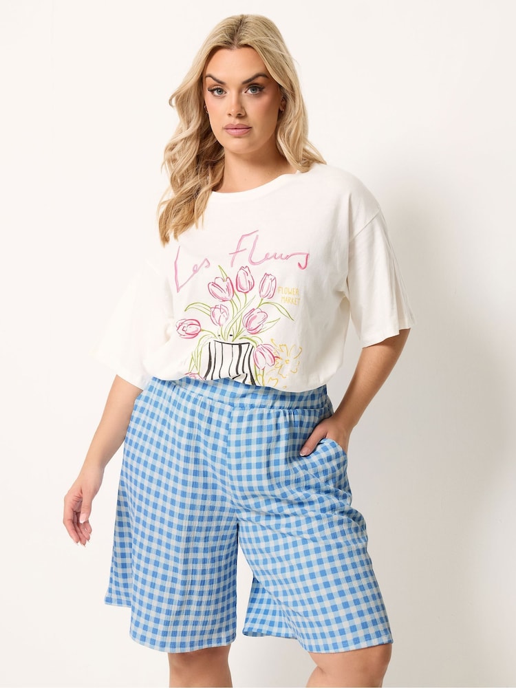 Yours Curve Blue Gingham Jersey Shorts - Image 1 of 5