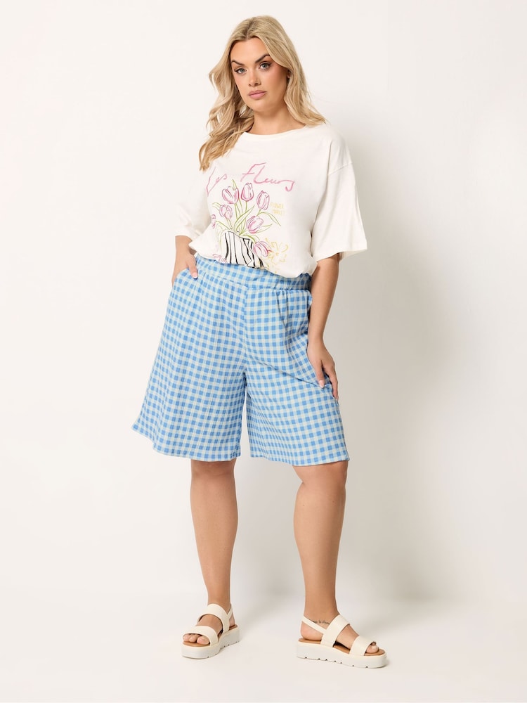 Yours Curve Blue Gingham Jersey Shorts - Image 2 of 5
