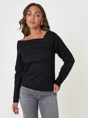Threadbare Black Asymmetric Slash Neck Jumper - Image 1 of 5