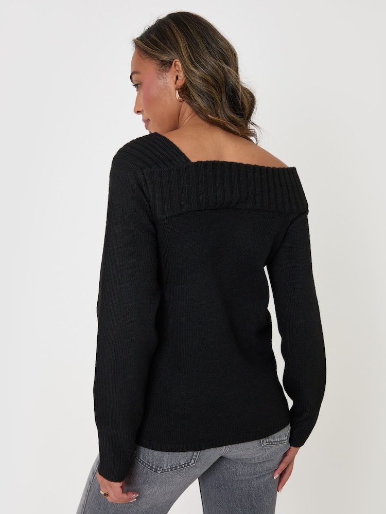 Threadbare Black Asymmetric Slash Neck Jumper - Image 2 of 5