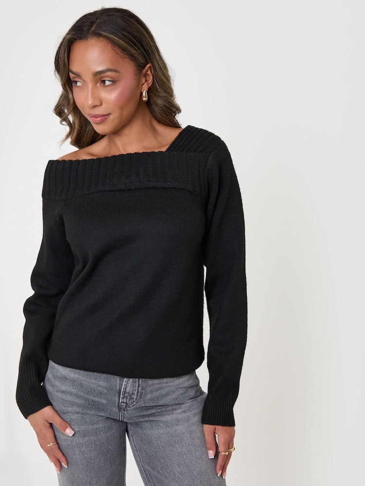 Threadbare Black Asymmetric Slash Neck Jumper - Image 5 of 5