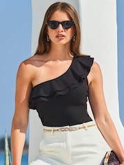 Sosandar Black Shoulder Ruffle Detail Fitted Top - Image 1 of 5