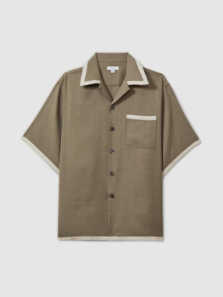Reiss Sage/White Vita Contrast Trim Cuban Collar Shirt - Image 2 of 6 Reiss Sage/White Vita Contrast Trim Cuban Collar Shirt - Image 2 of 6