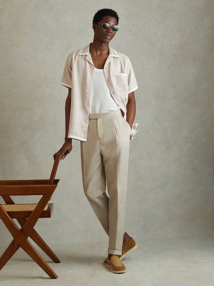 Reiss Oatmeal/White Vita Contrast Trim Cuban Collar Shirt - Image 1 of 6