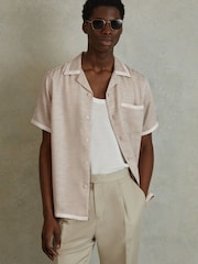 Reiss Oatmeal/White Vita Contrast Trim Cuban Collar Shirt - Image 3 of 6
