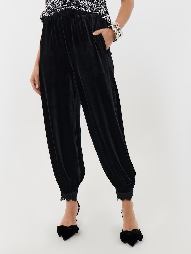 Threadbare Black Velvet Balloon Trousers with Lace Trim Hem - Image 1 of 4 Threadbare Black Velvet Balloon Trousers with Lace Trim Hem - Image 1 of 4