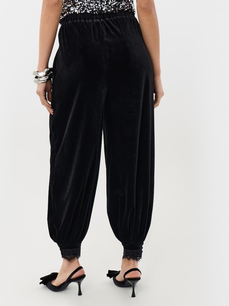 Threadbare Black Velvet Balloon Trousers with Lace Trim Hem - Image 2 of 4 Threadbare Black Velvet Balloon Trousers with Lace Trim Hem - Image 2 of 4