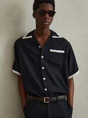 Reiss Navy/Ecru Vita Contrast Trim Cuban Collar Shirt - Image 3 of 6