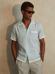 Reiss Soft Blue/White Vita Contrast Trim Cuban Collar Shirt - Image 1 of 6