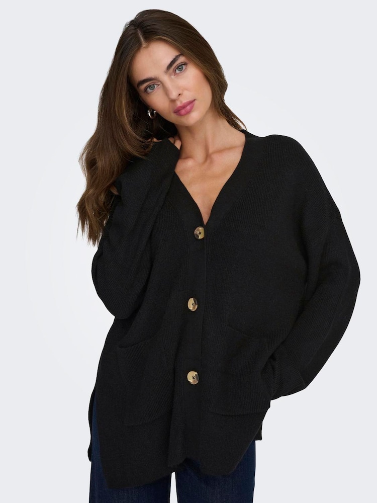 ONLY Black Loose Cardigan With Front Pockets - Image 1 of 7