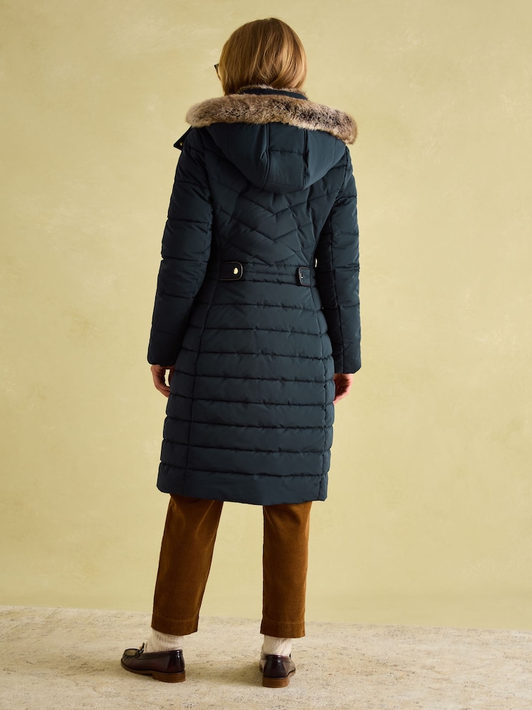 Joules Cherington Navy Showerproof Longline Padded Coat with Faux Fur Hood - Image 2 of 8