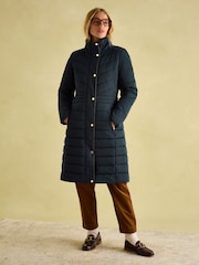 Joules Cherington Navy Showerproof Longline Padded Coat with Faux Fur Hood - Image 3 of 8