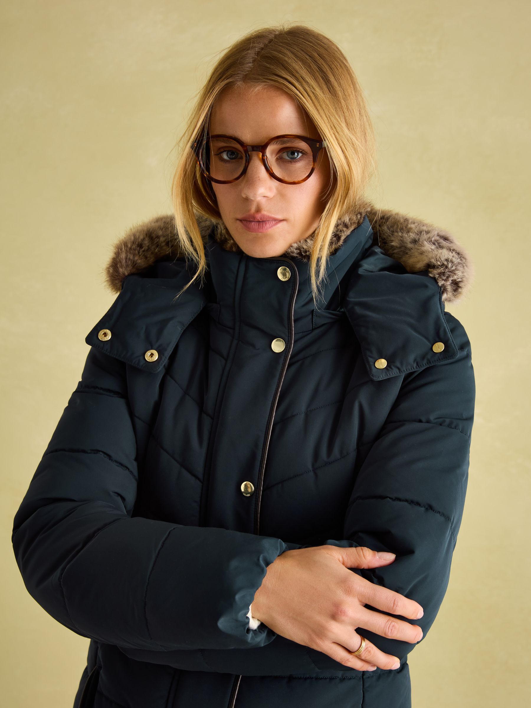 Joules Cherington Navy Showerproof Longline Padded Coat with Faux Fur Hood