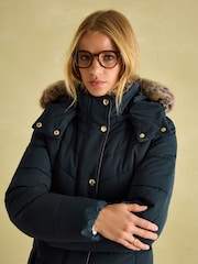 Joules Cherington Navy Showerproof Longline Padded Coat with Faux Fur Hood - Image 4 of 8