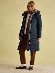 Joules Cherington Navy Showerproof Longline Padded Coat with Faux Fur Hood - Image 6 of 8