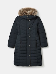 Joules Cherington Navy Showerproof Longline Padded Coat with Faux Fur Hood - Image 8 of 8