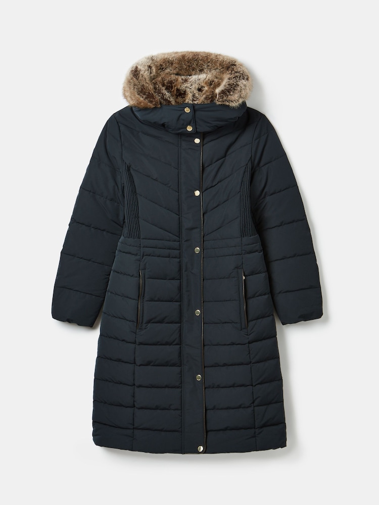 Joules Cherington Navy Showerproof Longline Padded Coat with Faux Fur Hood - Image 8 of 8
