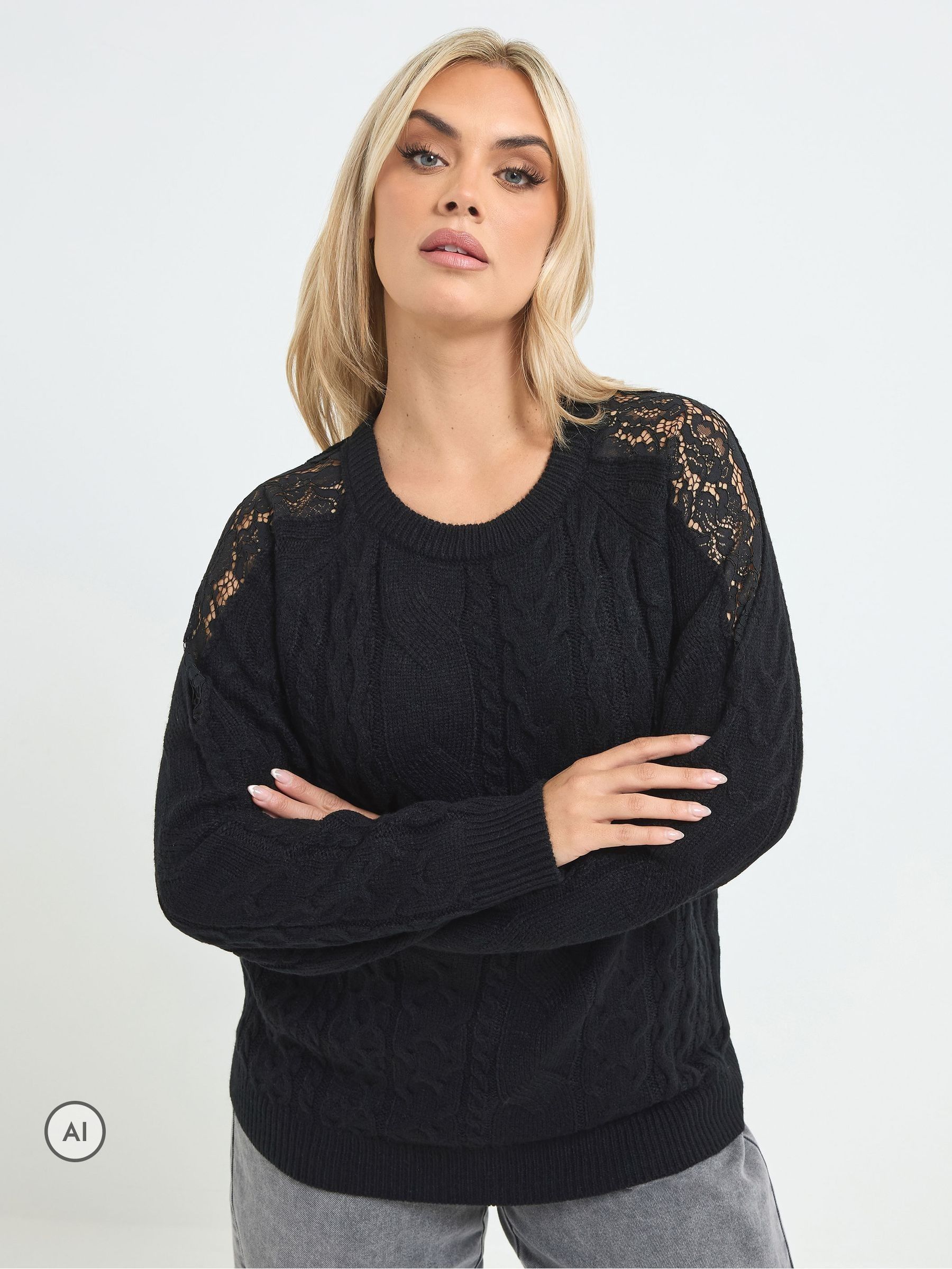 Yours Women's Cable Knit Lace Jumper in Black | Size: 26-28 - Image 6