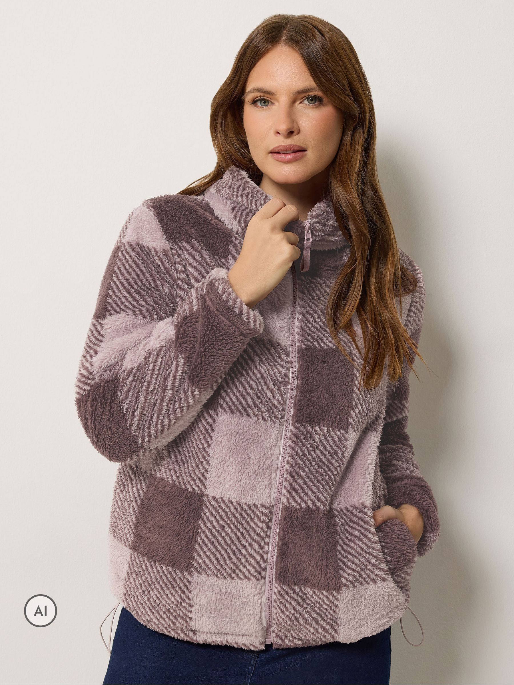M&Co Women's Purple Check Print Zip Through Fleece In Size 20 - Image 1