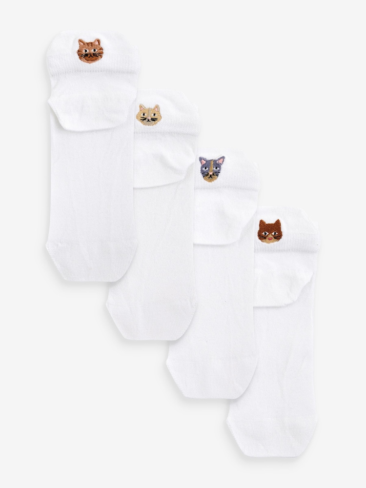 White/Cats Embroidered Motif Trainers Socks 4 Pack - Image 1 of 7