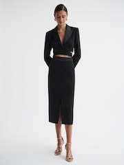 Reiss Black Quinn Satin Fitted Midi Skirt - Image 1 of 4