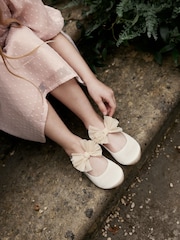 Ivory Cream Bow Stain Resistant Satin Flower Girl Ballet Shoes - Image 1 of 7