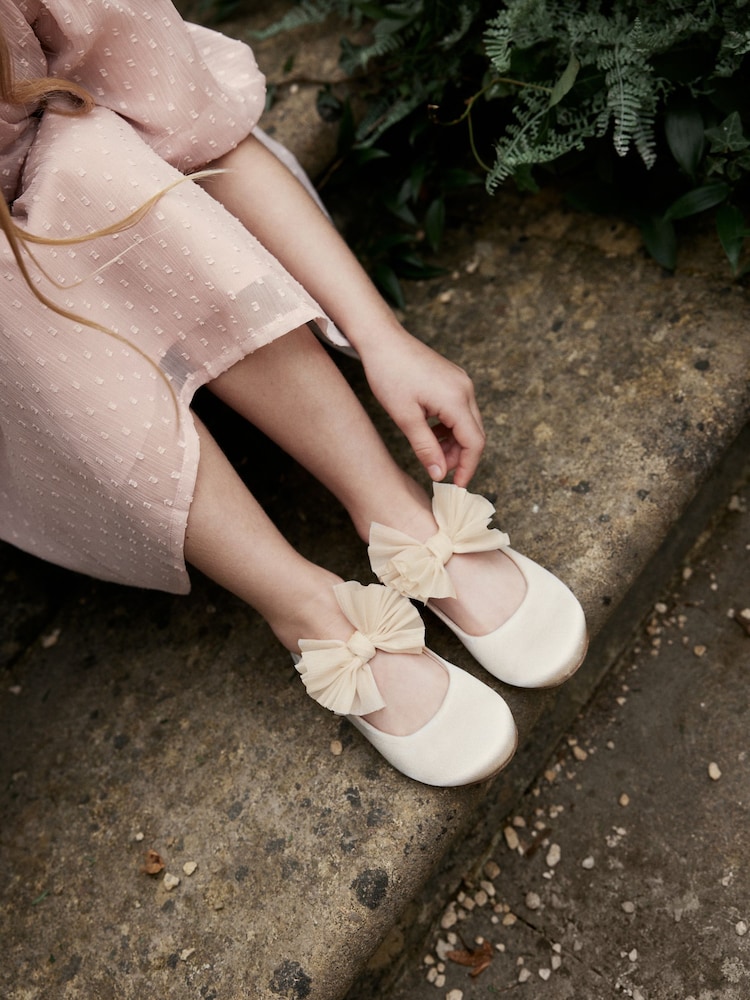Ivory Cream Bow Stain Resistant Satin Flower Girl Ballet Shoes - Image 1 of 7