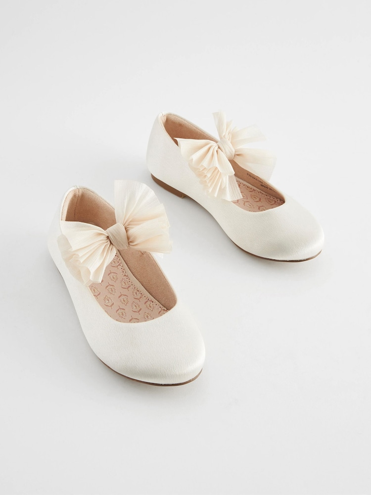 Ivory Cream Bow Stain Resistant Satin Flower Girl Ballet Shoes - Image 2 of 7