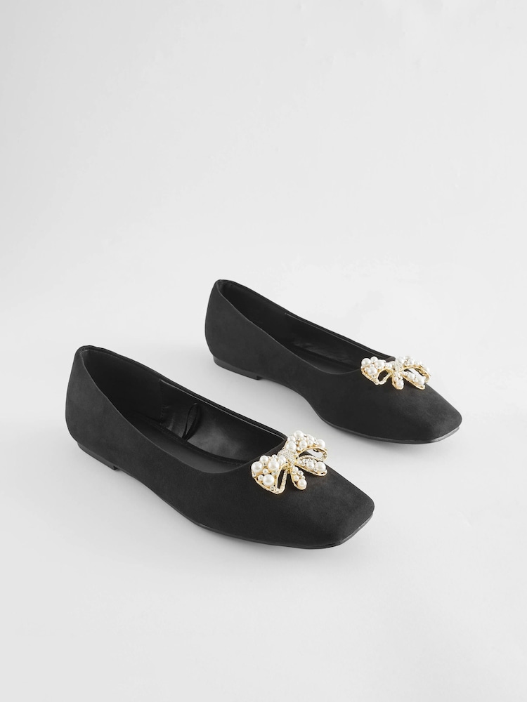 Black Forever Comfort® Square Toe Bow Trim Ballerinas - Image 1 of 6