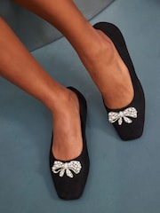 Black Forever Comfort® Square Toe Bow Trim Ballerinas - Image 2 of 6